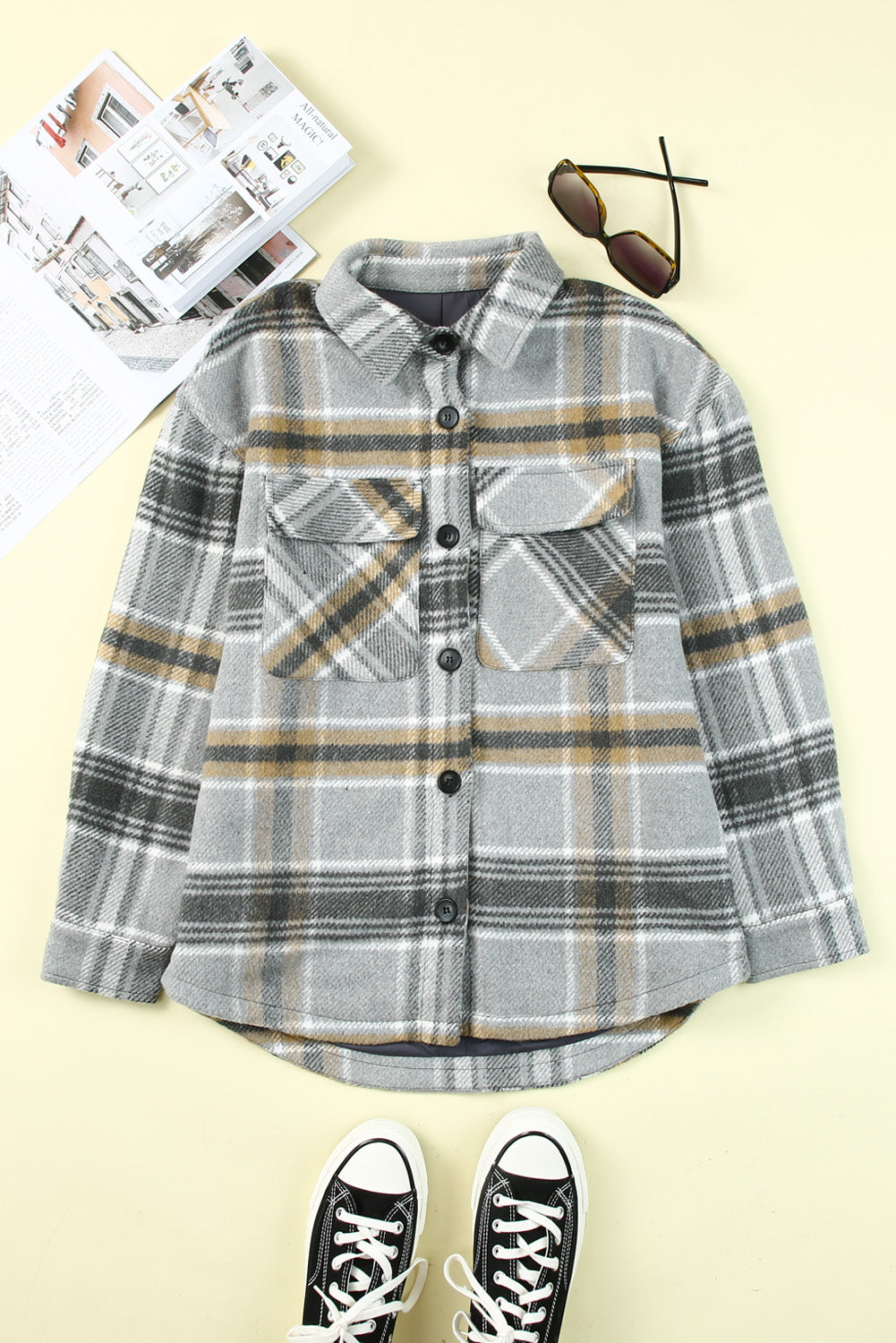 Gray Plaid Print Pocketed Shirt Jacket