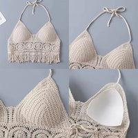 Women's Boho Fringe Backless Halter Tie Neck Underwear Outerwear with Neck Hanging Embroidery Tassel Suspender Vest Short Tank