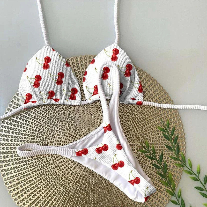 OIINAA Bathing Suit Women Sexy Cherry Printed Swimsuit Lace Up Bikini Set Drawstring Two-piece Summer Female Thong New Biquinis