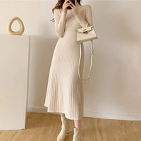 Autumn Winter 2023 Slim Long Sleeve Party Midi Dress for Women Knitted Half High Collar Elegant Knitted Sweater Dresses Ladies