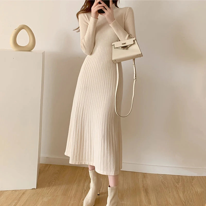 Autumn Winter 2023 Slim Long Sleeve Party Midi Dress for Women Knitted Half High Collar Elegant Knitted Sweater Dresses Ladies