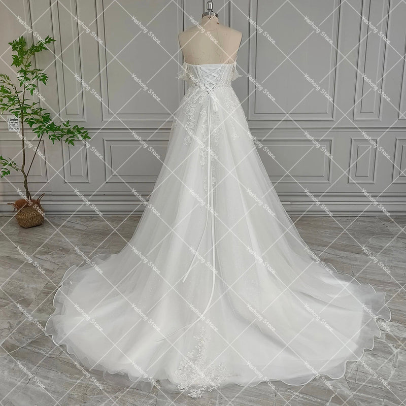 Luxe Shimmer Tulle Off Shoulder Wedding Dress with Embroidered 3D Flowers Sweetheart Puffy Lace Up Customized Bridal Gowns