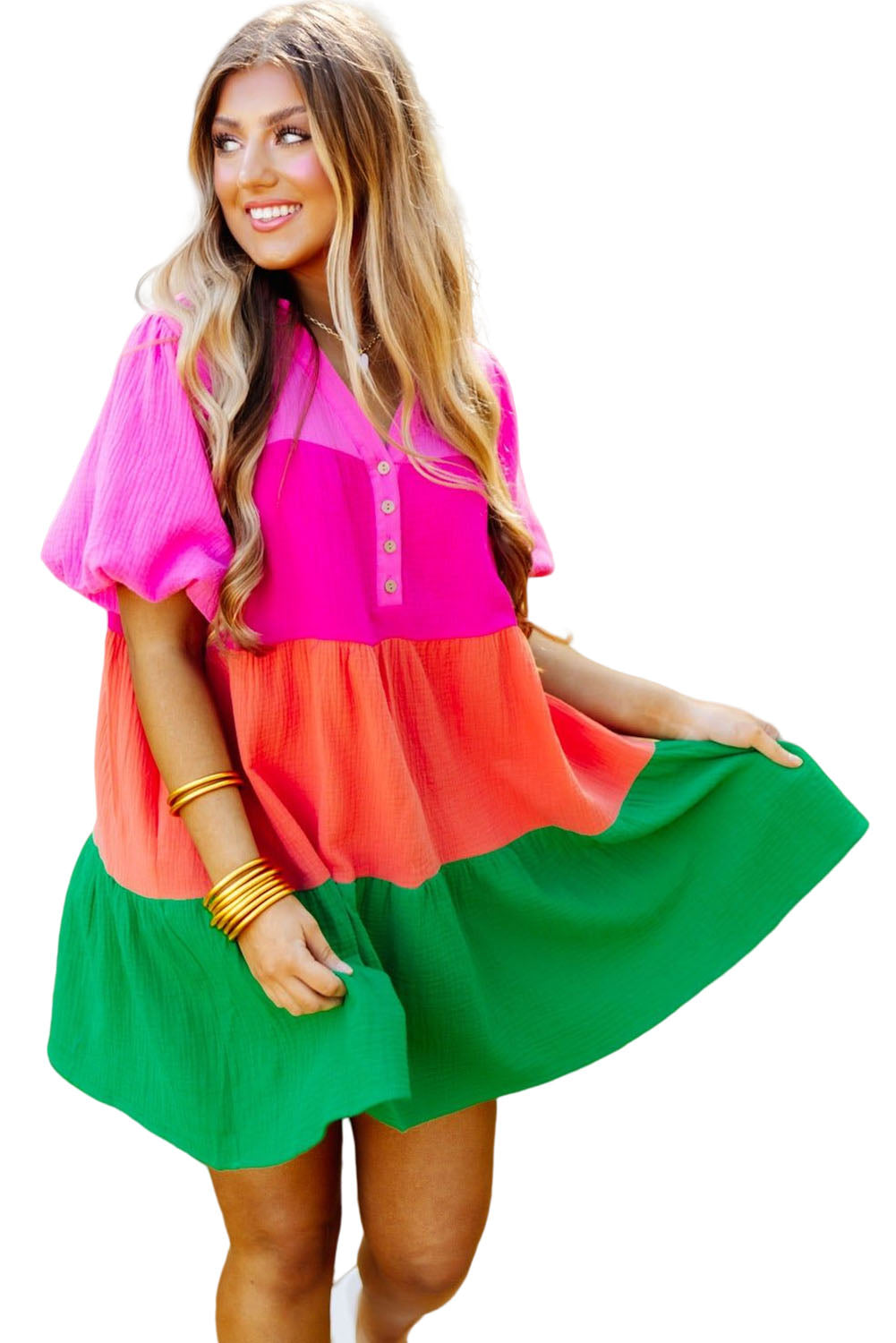 Women's Color Block Tiered Puff Sleeve Dress