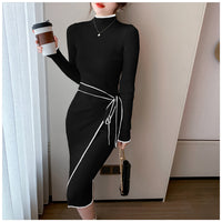 Women Knitted Dress New Autumn Winter Slim Lace-Up Long Sleeve Bottoming Sweater Skirt Elegant Fashion Office Female Vestidos