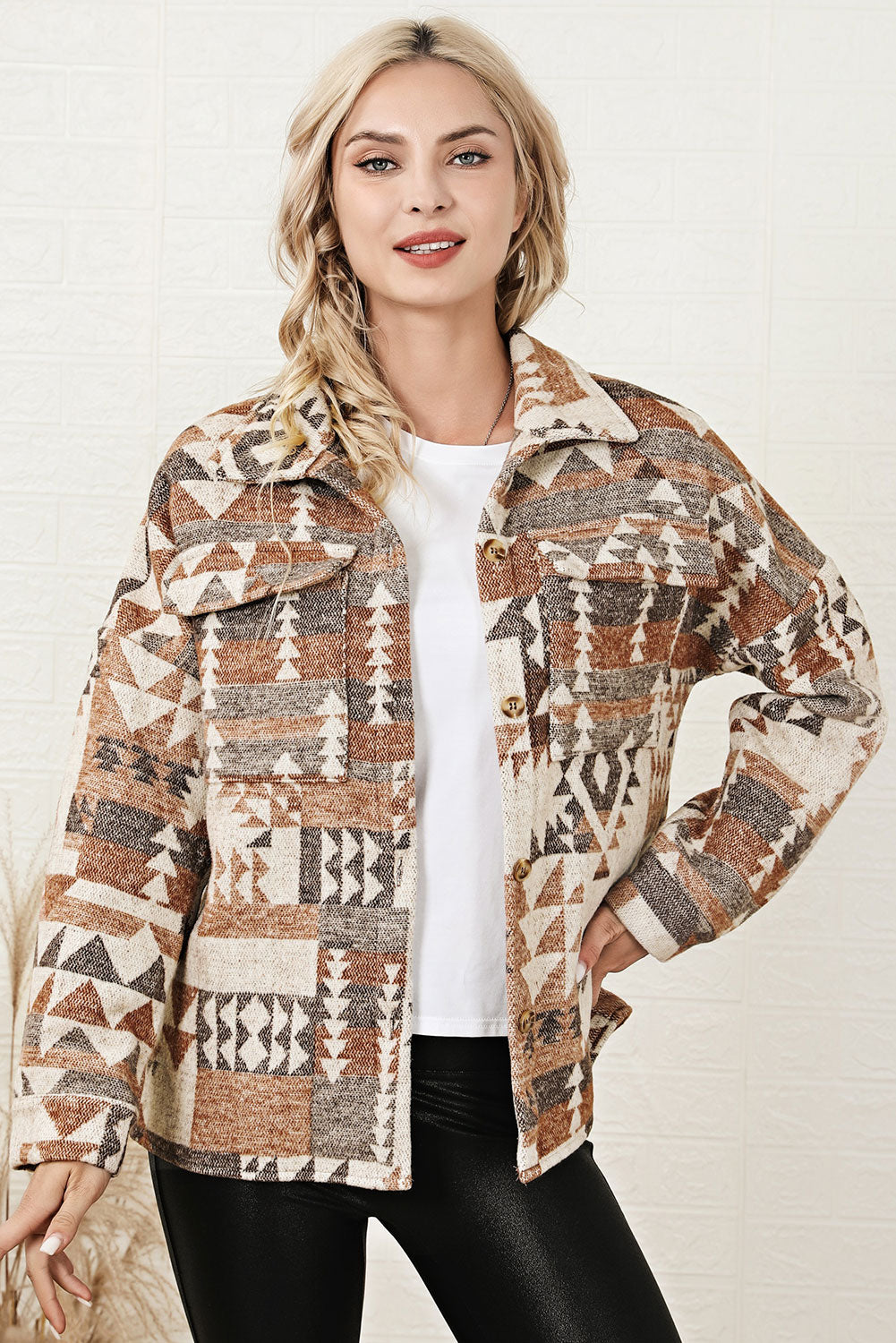 Brown Aztec Print Flap Pocket Button-up Jacket