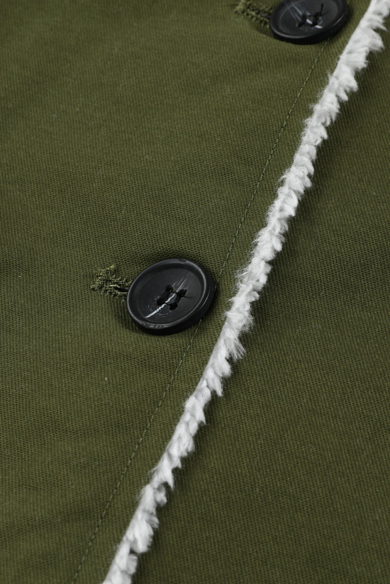 Green Gray Lapel Collar Button Fleece Jacket