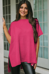 Rose Red Short Sleeve Side Slit Oversized Sweater