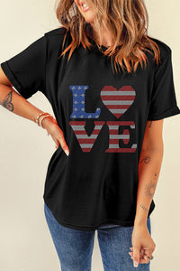 Black Rhinestone USA Flag Stripes and Stars LOVE Graphic T Shirt