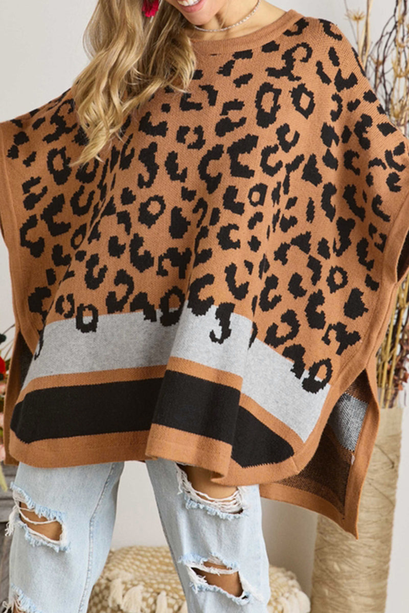 Camel Leopard Print Poncho Sweater