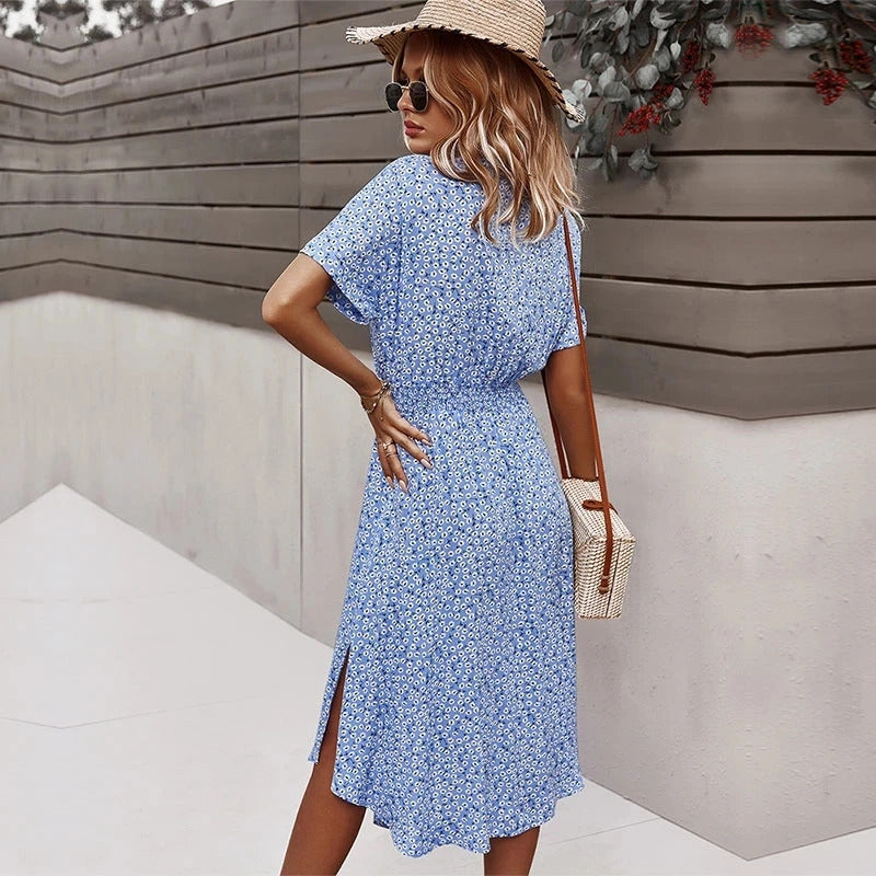 Summer Women Floral Print Dress Casual Short Sleeve Button Holiday Midi Dresses Female V-Neck Beach Boho Chic Dress Elegant Robe