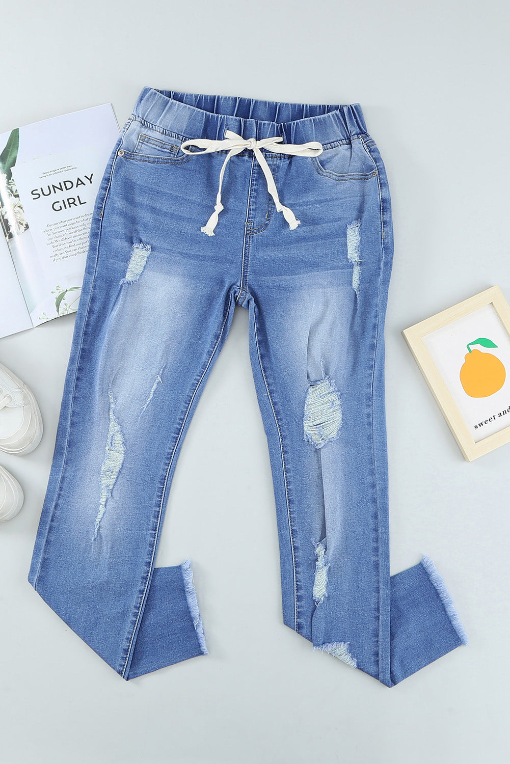 Sky Blue Drawstring Elastic Waist Hole Ripped Jeans