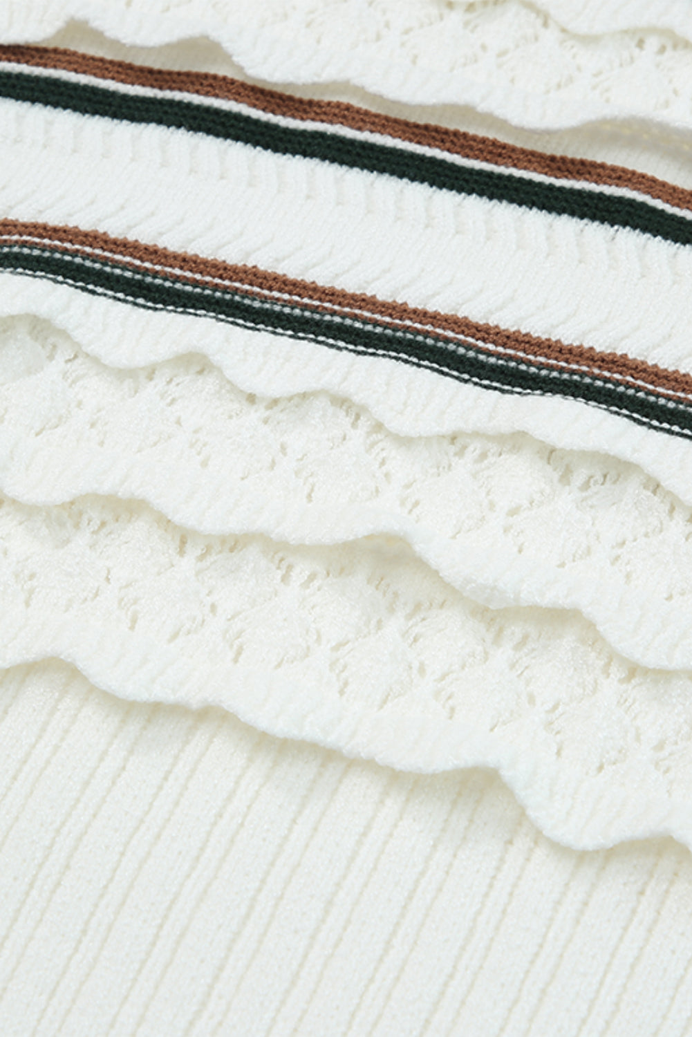 White Striped Ribbed Scalloped Detail Knit Sweater