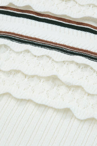 White Striped Ribbed Scalloped Detail Knit Sweater