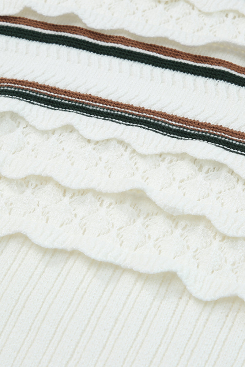 White Striped Ribbed Scalloped Detail Knit Sweater