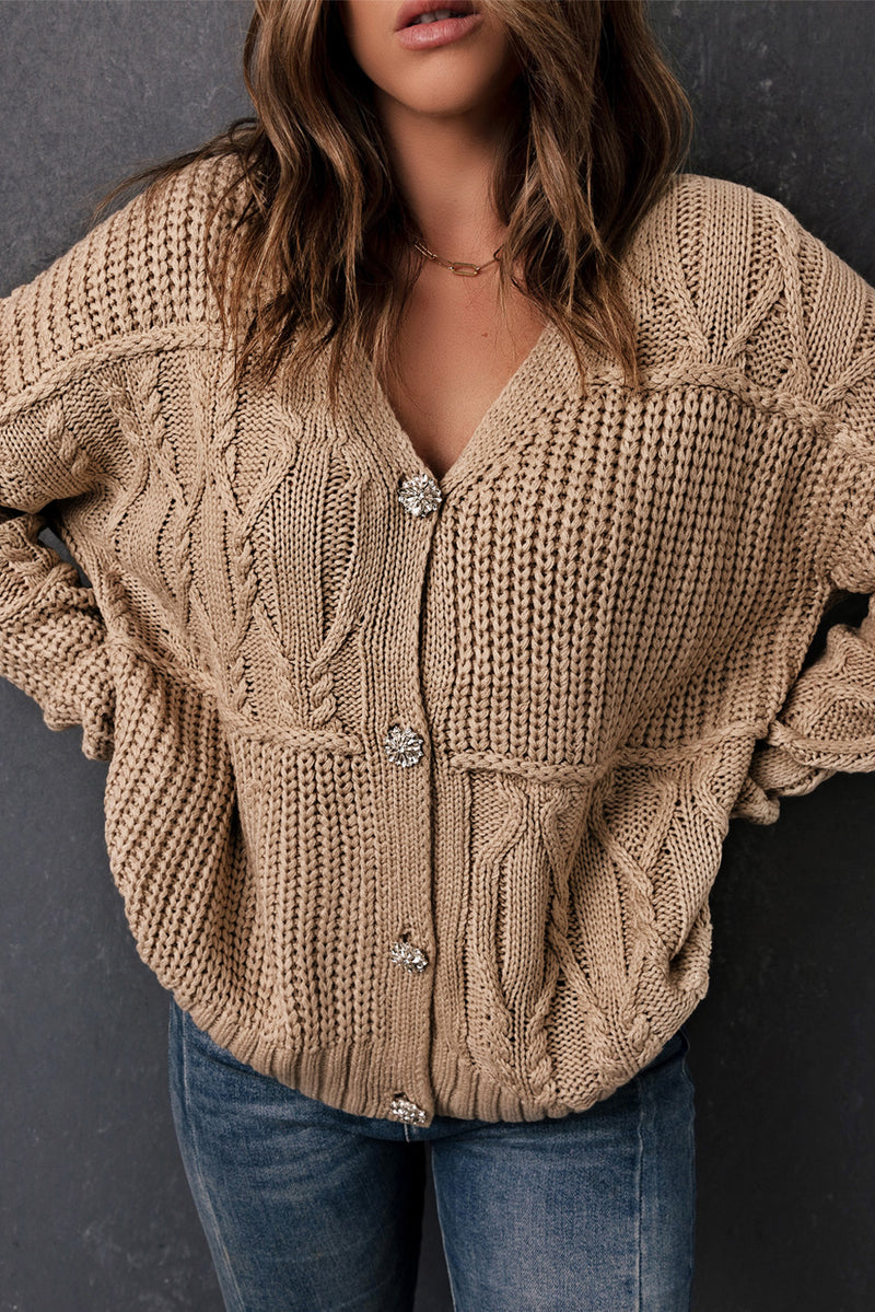 Apricot Buttons Front Patterned Texture Knit Cardigan