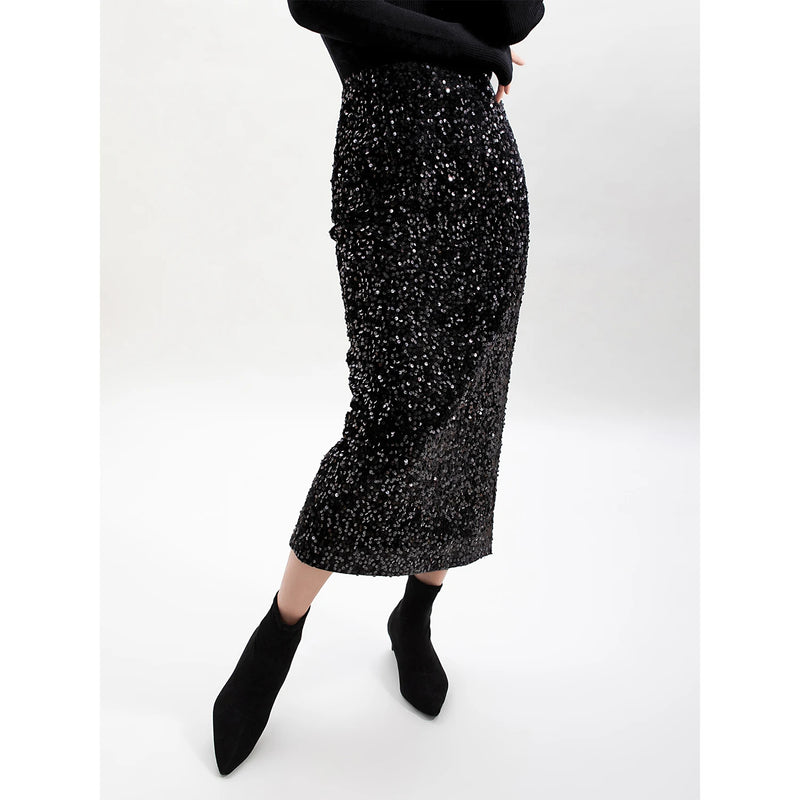 Hirsionsan High Waist Sequined Skirt Women 2023 New Autumn Office Lady Basic Midi Skirt Chic Elegant Glossy Long Black Skirt