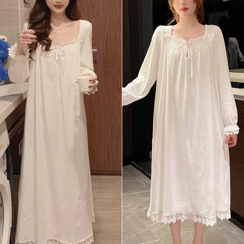 Long-Sleeved Princess Style Nightgown Loose Large Size Can Be Worn Outside the Home Wear Summer Women's Pajamas Lace White Korea