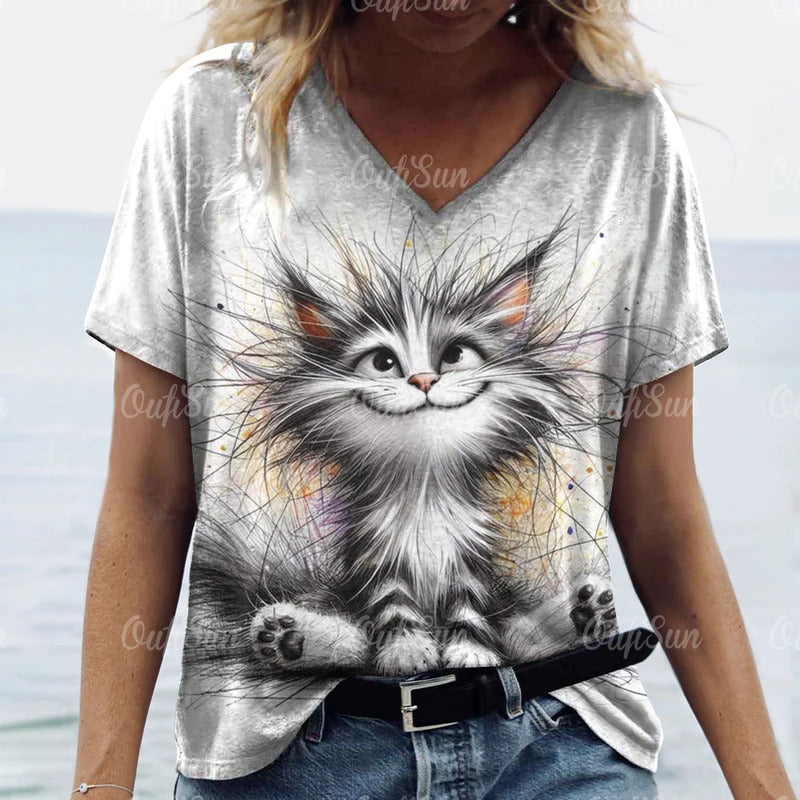 Summer Women's T Shirt Cat Print Casual Short Sleeve 3d T-Shirts Fashion Streetwear Crew Neck Pullover Female Oversized Clothing