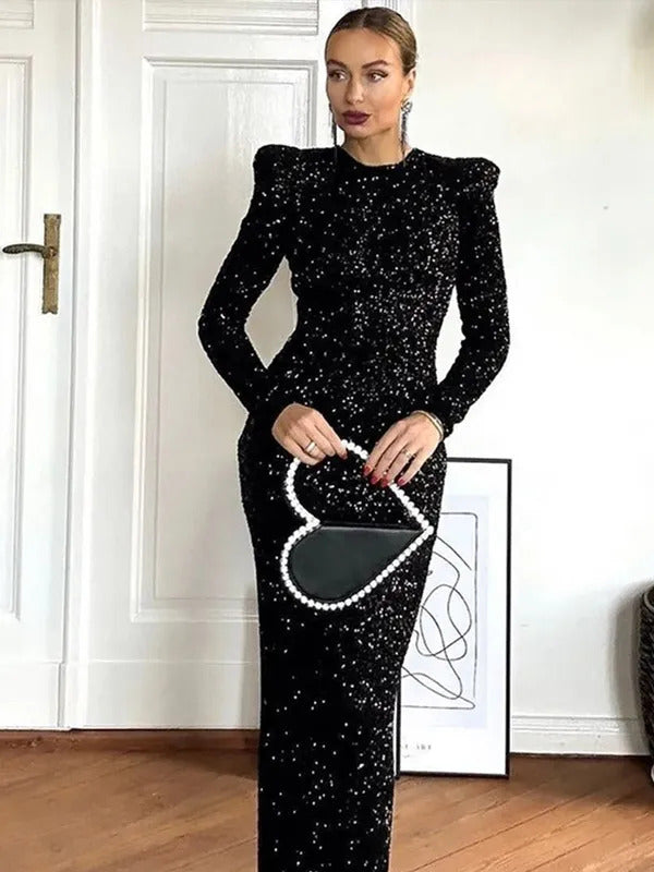 Fashion Female Sequins Shoulder Pad Slim Fit Long Dress Elegant Full Sleeve Round Neck Lady Robes 2024 Autumn Winter Party Gowns