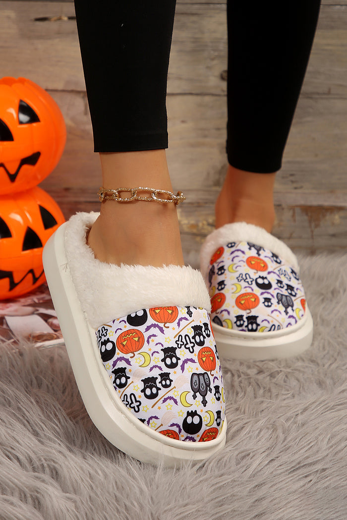 White Halloween Pumpkin Ghost Print Plush Home Slippers