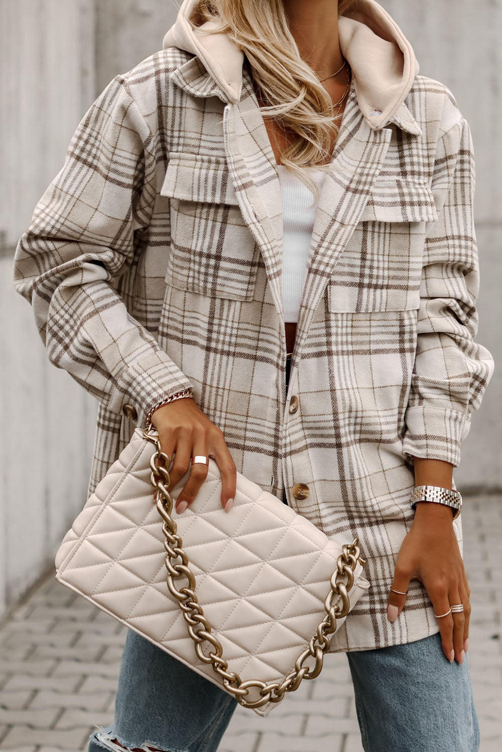 Khaki Plaid Removable Hood Buttoned Shacket