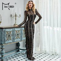 Missord Wave Sequin Party Dresses Elegant Women High Neck Long Sleeves See Though Bodycon Evening Prom Dress With Line Long Gown