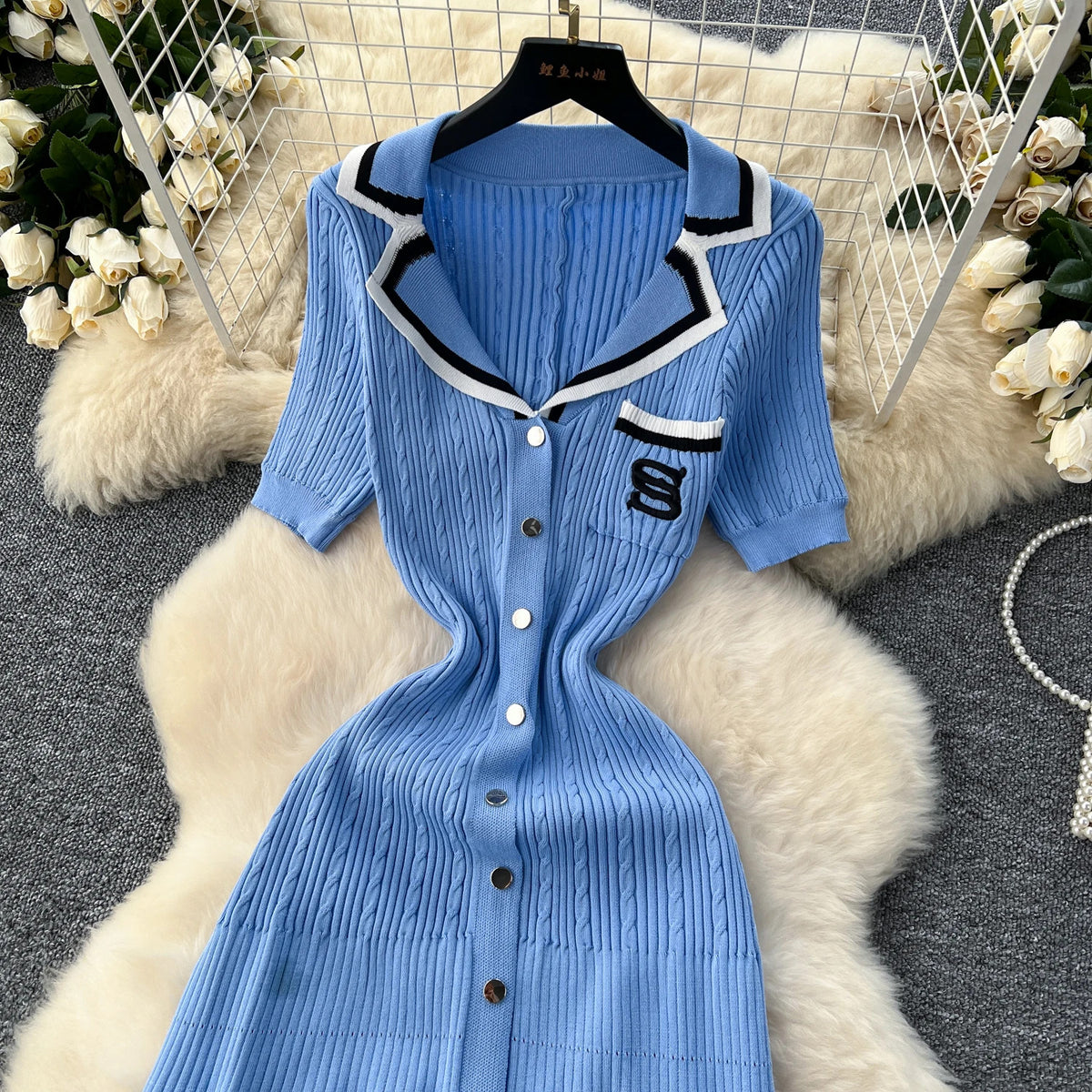 Elegant Turn-down Collar embroidery Single Breasted Knit Bodycon Dress Slim Fashion Sweater Vestido Sexy Women Winter Clothing