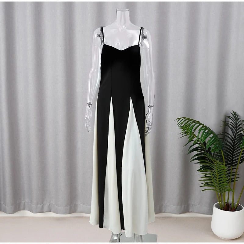 Elegant Black White Contrasting Women Sling Dress Fashion Backless Sleeveless High Waist Maxi Dresses Female Party A-line Robes