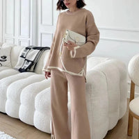 Elegant O-neck Side Slit Pullover Long Sleeve Sweater+wide Leg Pants 2 Piece Sets Womens Autumn Solid Color Casual Sweatshirts