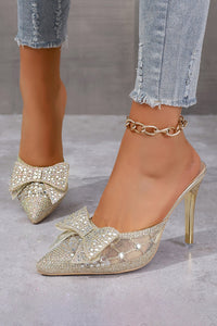 White Elegant Bow Rhinestone Mesh High Heel Slippers