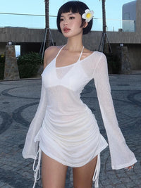 Dulzura Solid Skew Collar Ruched Straps Lace-Up See Through Draw String Mini Dress 2023 Summer  Women Party Clubwear Wholesale