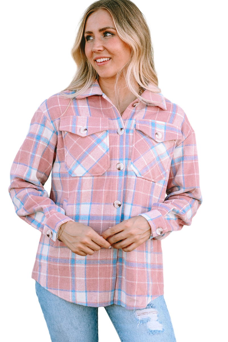 Pink Plaid Flap Pocket Flannel Shacket