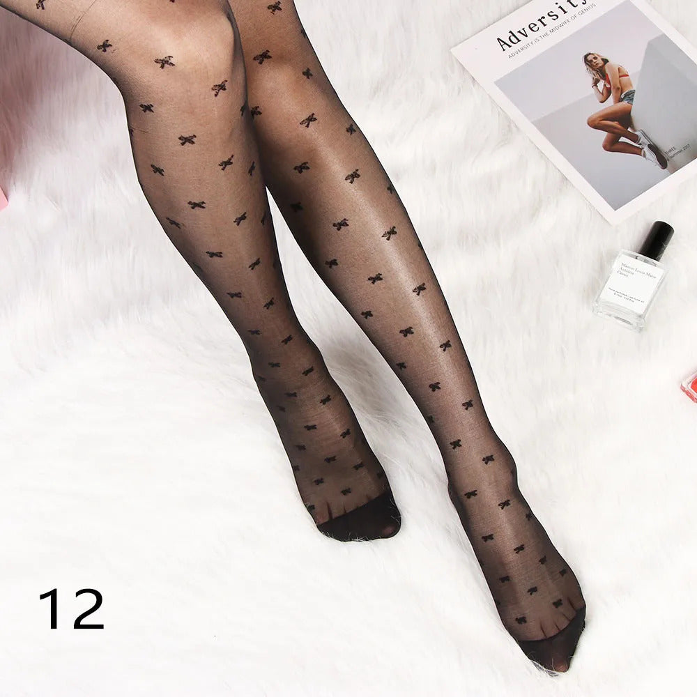 Sexy Women Tights Classic Small Polka Dot Silk Stockings Thin Vintage Faux Tattoo Thigh Sheer Pantyhose Female Elastic Hosiery