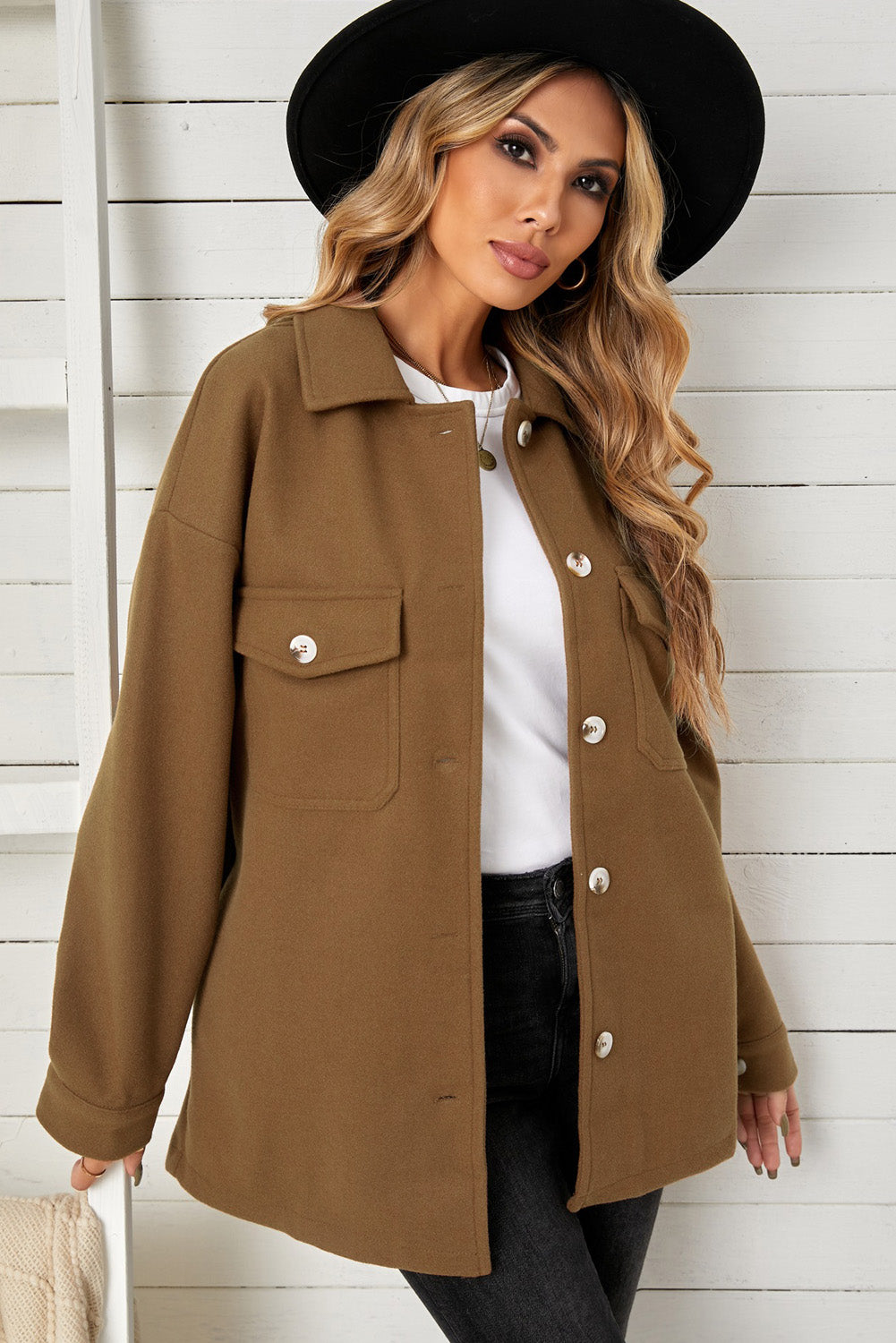 Brown Turn Down Collar Buttoned Baggy Coat with Pocket