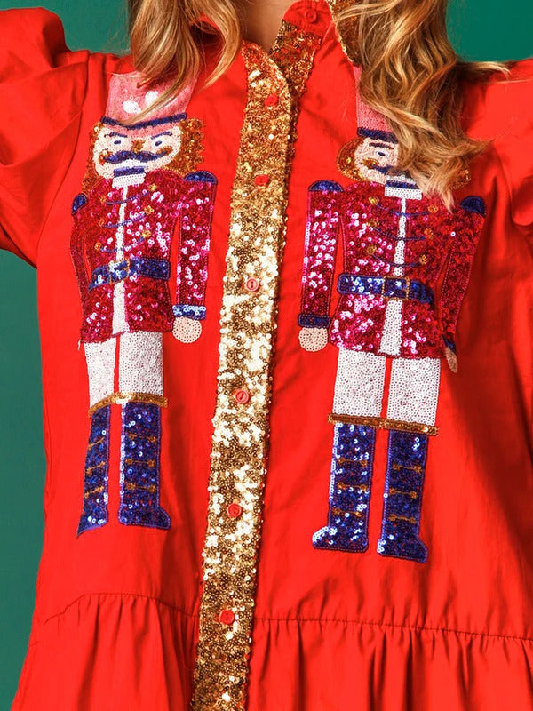 Women Sequin Christmas Nutcracker Shirt Dress Holiday Party Santa Sweatshirt Dresses Long Sleeve Tiered Mini Sundress for Prom