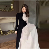 Fashion Contrasting Patchwork Mesh Maxi Dress Elegant Half High Collar Slim Waistband Long Sleeve Robe Lady Street Party Dresses