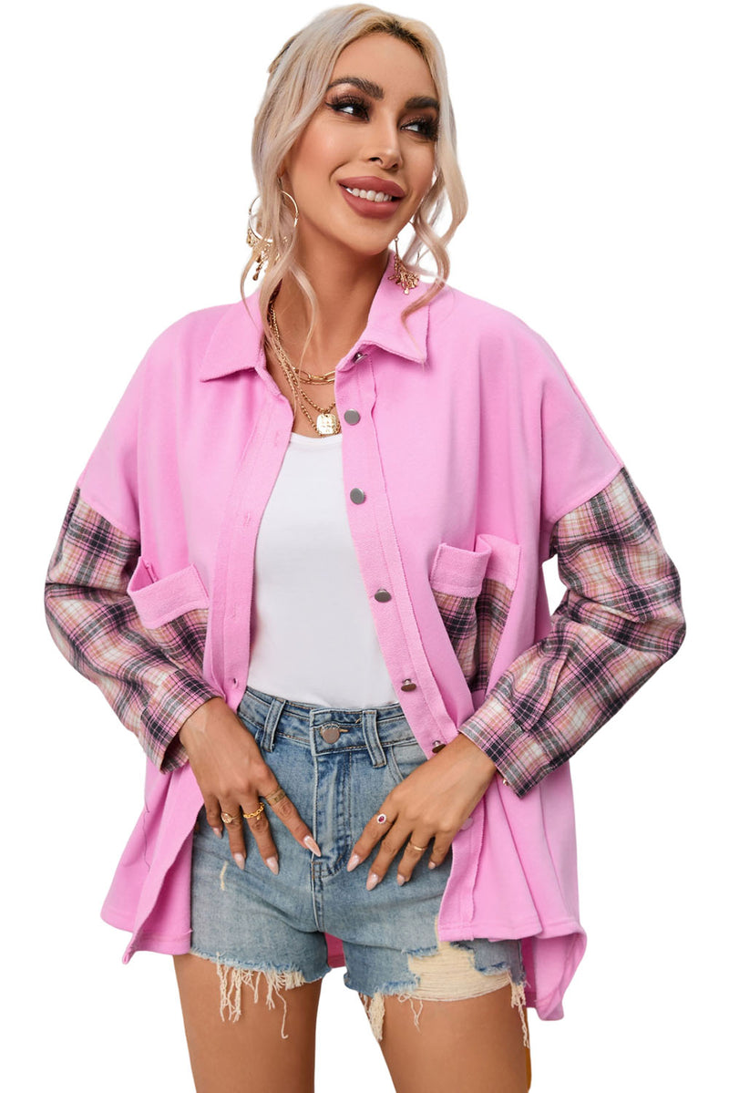 Black Plaid Patchwork Chest Pockets Oversized Shirt Jacket