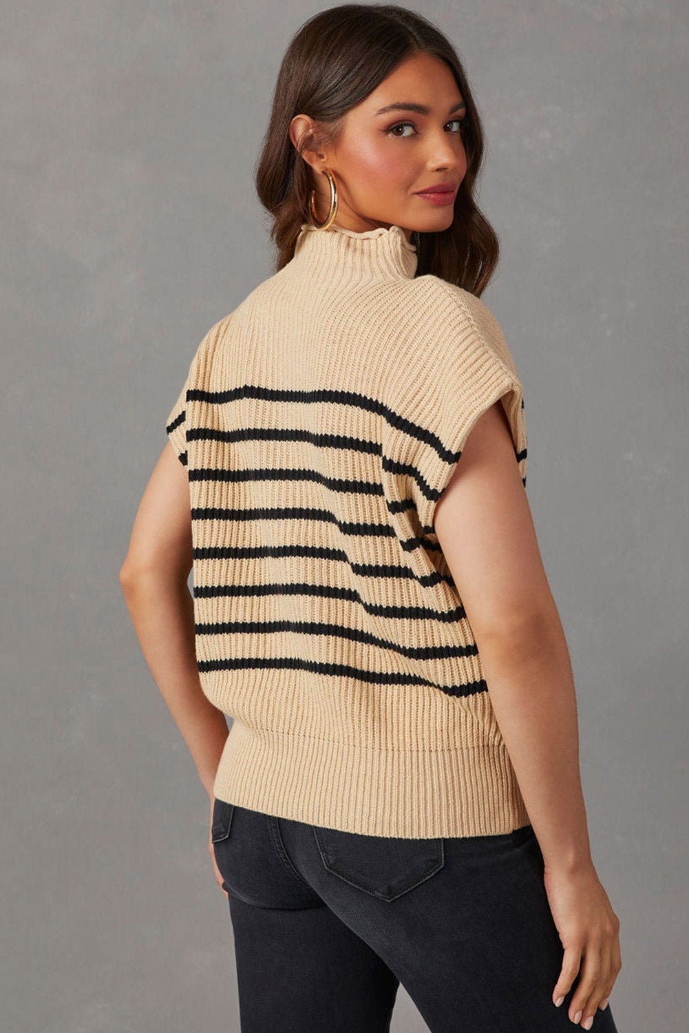 Parchment Striped Ribbed Knit High Neck Sweater