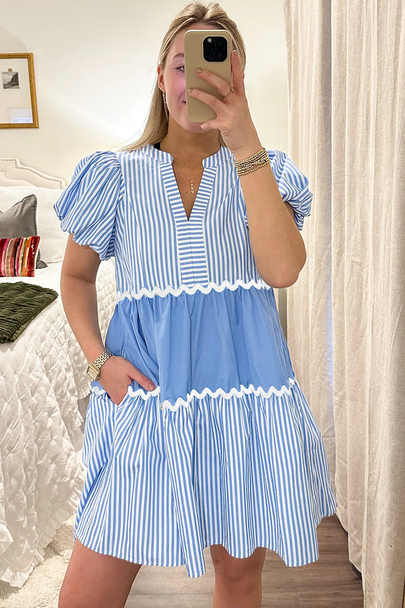 Sky Blue Ric Rac Striped Bubble Sleeve V Neck Dress