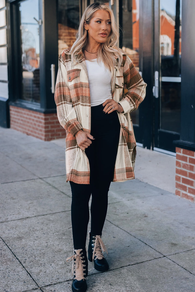 Brown Plaid Print Flap Pockets Long Shacket