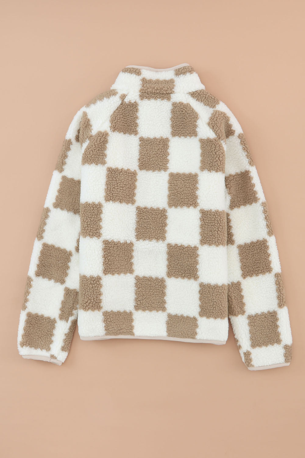 Brown Checked Snap Button Sherpa Jacket