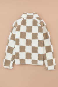 Brown Checked Snap Button Sherpa Jacket