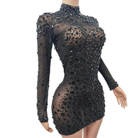 Women Sexy Black Rhinestones Mini Dresses Evening Birthday Party Celebrate Prom Gown Crystals Short Dress Singer Dress Cuixing