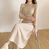 Autumn Winter 2023 Slim Long Sleeve Party Midi Dress for Women Knitted Half High Collar Elegant Knitted Sweater Dresses Ladies