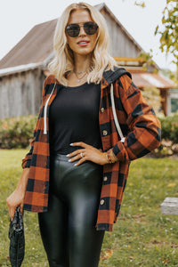 Gold Flame Buffalo Plaid Drawstring Hooded Shacket