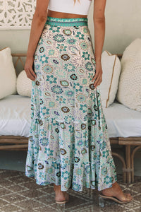 Sky Blue Boho Floral Print Maxi Skirt