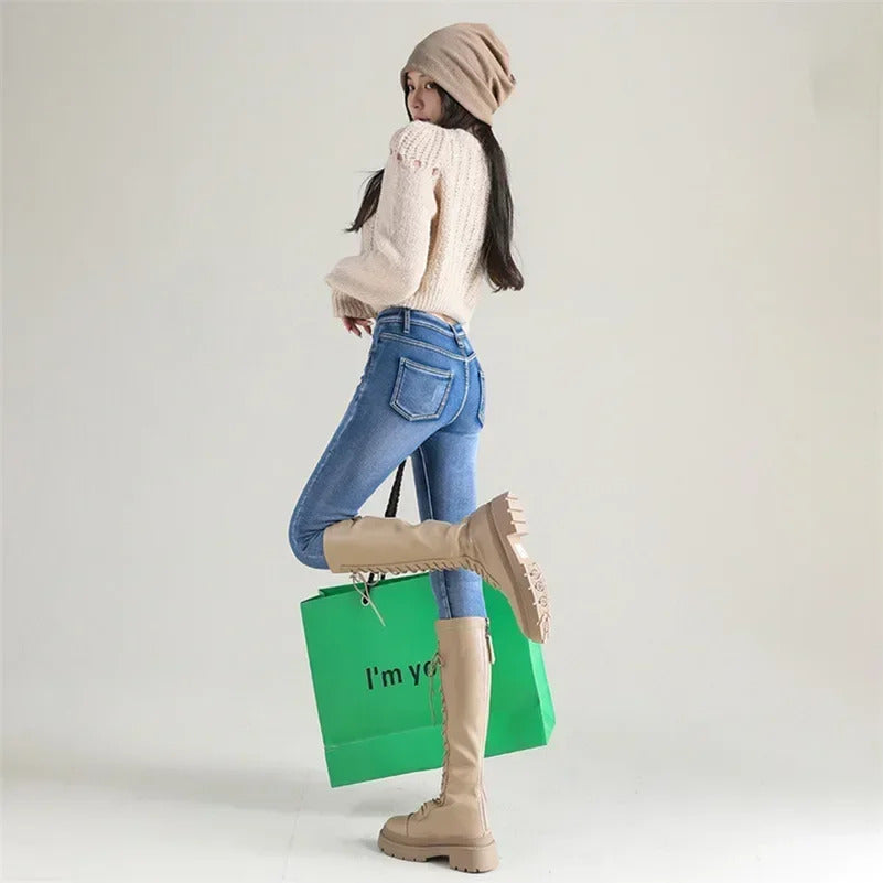 Women Thermal Skinny Jeans Mom Winter Warm Plush Stretch Jeans Lady Fleece Snow Denim Pants Student Pencil Straight Leg Trousers