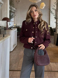 Elegant Women's Burgundy Cropped Jacket Female Stand Collar Single Breasted Full Sleeve Pocket Coat 2024 Autumn Lady Outwear New