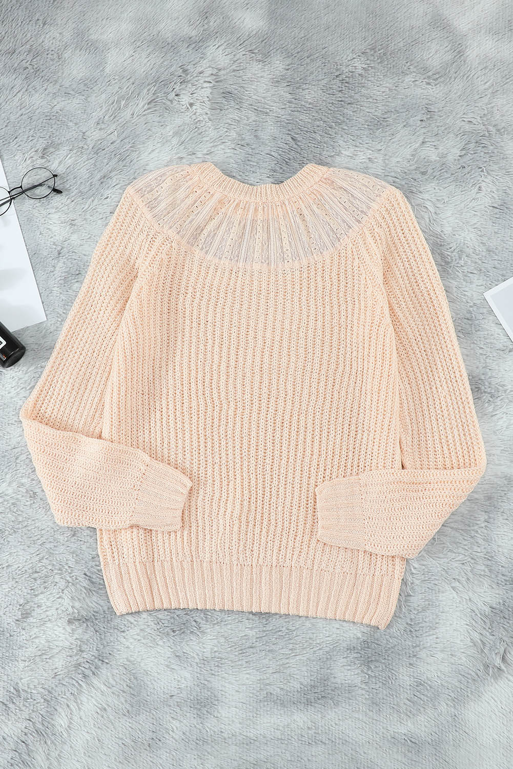 Gray Round Neck Lace Splicing Knitted Sweater