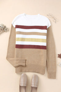 Khaki Crew Neck Striped Long Sleeve Sweater